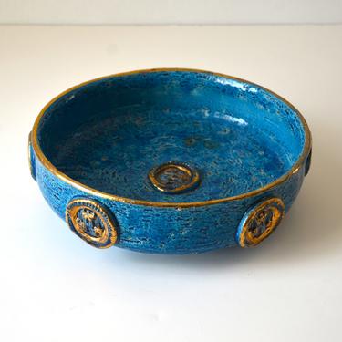 Large Vintage Rimini Blue and Gold Italian Pottery Bowl or Catchall by Bitossi 