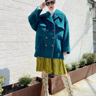 KARL LAGERFELD 90s Emerald Green Wool Coat w/ Wooden Harp Buttons