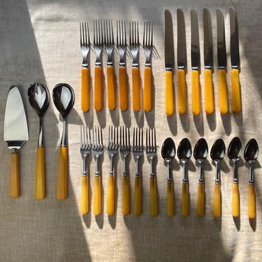 1940’s Bakelite flatware /Silverware Butterscotch 27 pc Lovely collection~ authentic 30’s 40’s forks knives spoons serving spoons cake knife 