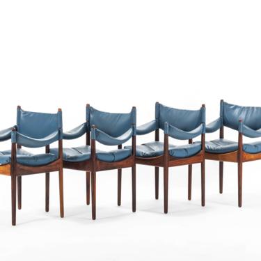 Set of 4 Kristian Solmer Vedel Blue Leather Lounge Chairs in Rosewood 