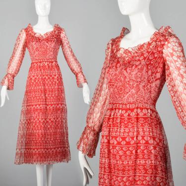 Small 1960s Oscar de la Renta Red Bohemian Print Dress Sheer Long Sleeve Dress Ruffle Neckline 60s Vintage 