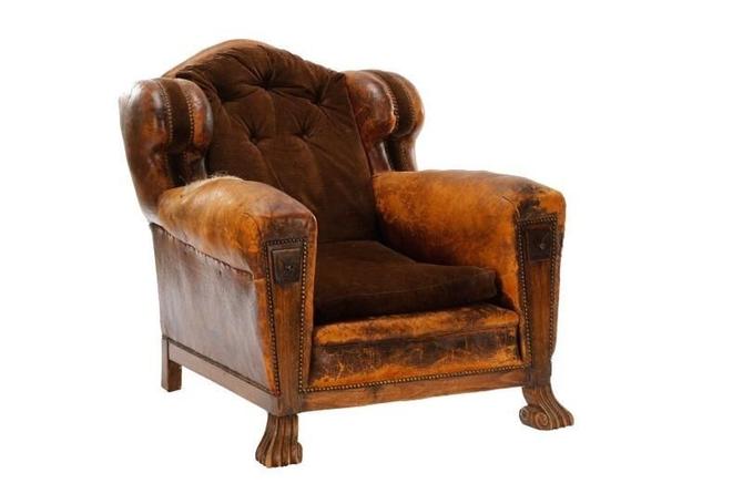 Sold Antique Distressed Leather English Cigar Club Chair W Drawers C 1900