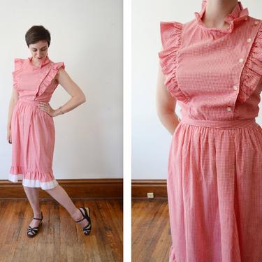 1970s Red Ruffled Checked Dress - S/M 