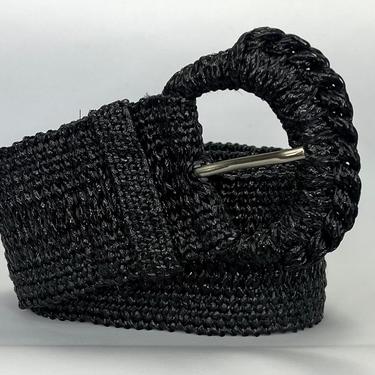 Vintage 1980s Black Woven Wide Belt with Large Buckle 
