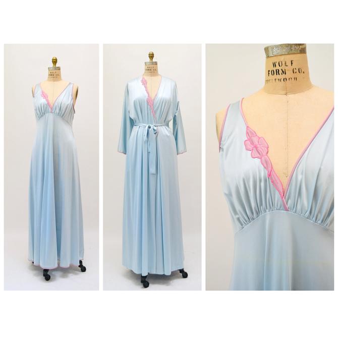 1970s Light Blue Cotton Mexican Lounge 2024 Set | Vintage 70s Nightdress and Robe | Women's Peignoir Set Sundress Duster XS Small