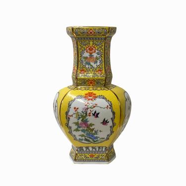 Chinese Yellow Rich Multi-Color Print Flower Bird Graphic Porcelain Vase ws1477E 