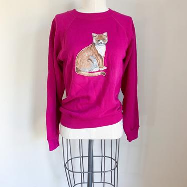 Vintage 1990s Hot Pink Cat Applique Sweatshirt / S-M 