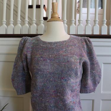 Vintage 80s Wide Balloon Sleeve Rainbow Speckled Lavender Purple Wool & Angora Short Sleeve Sweater Women's Size M 