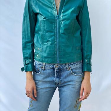 Vintage 1970's Leather Jacket / Teal Green Studded Slim Fit Leather Lightweight Coat / Leather Jacket / Plastic Zipper Racer Jacket 