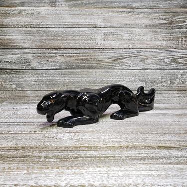 Vintage Black Panther Figurine w/ Gold Rhinestone Eyes, Mid Century Modern Black Cat, Black Jaguar Statue, TV Mantle Vintage Home Decor 