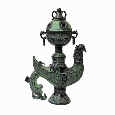 Chinese Green Black Ancient Phoenix Bird Incense Holder Display Vessel ws1446E 