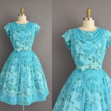 vintage 1950s dress | Gorgeous Turquoise Blue Rose Print Full Skirt Cocktail Party Bridesmaid Dress | Large | 50s vintage dress 