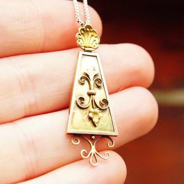 Antique 14K Gold Pendant, Ornate Rectangular Teardrop Pendant, Gold Wore Design, Fleur De Lis, Victorian Necklace Pendant, 1 3/4” Long 