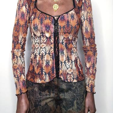 Vintage Y2K Elena Kattan Lace-Up Mesh Top