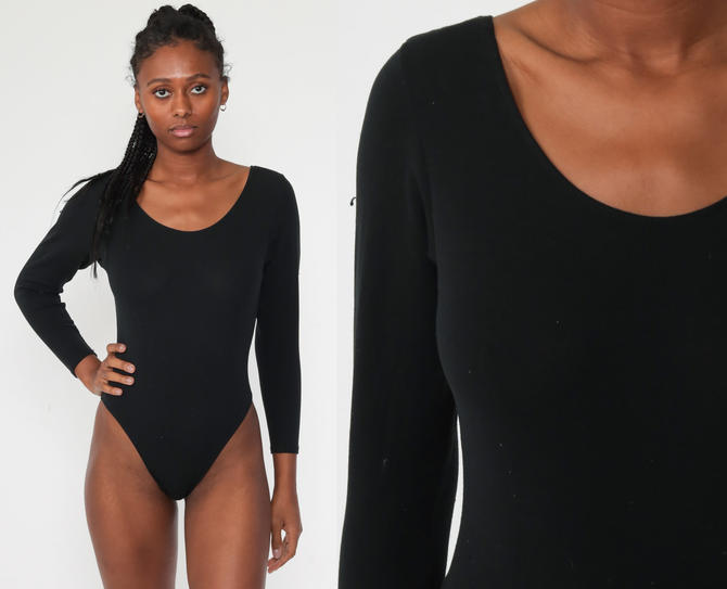 Black Bodysuit Top 90s Leotard Blouse Plain Shirt Body Suit Short