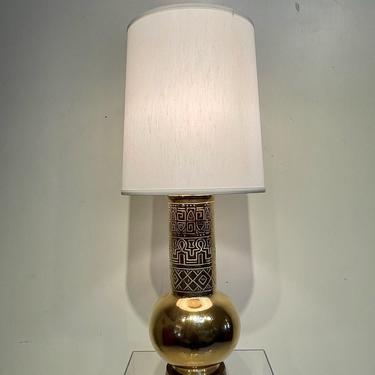 Gilded Hollywood Regency Stiffel Table Lamp with Egyptian Revival Ceramic Heirogylph Motifs 