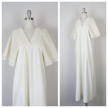 Vintage 1970s maxi dress, Alfred Shaheen Jrs., cotton muslin, eyelet, cottagecore, prairie, boho, hippie, wedding gown, bride, gunne sax 
