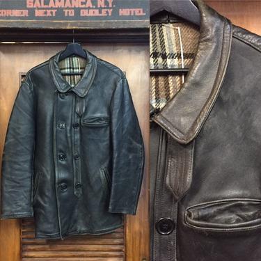 Vintage 1960’s Leather Peacoat Style Jacket, Black Leather, Wool Liner, Navy Style, 60’s Style, Vintage Clothing 