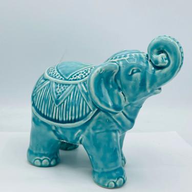 Ceramic Gloss Finish Turquoise Elephant Figurine- 6&quot; X 7.5&quot; X 4&quot; 