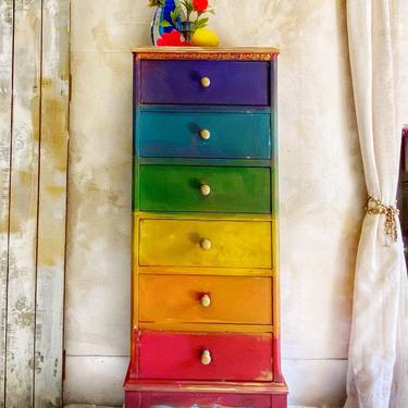 Vintage Rainbow Lingerie Dresser | Lingerie Chest | Red Blue Yellow Green Blue Jewelry Armoire 