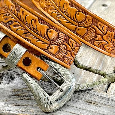 VINTAGE: Justin Tooled Leather Belt - Solid Nickel Silver - Top Grain Cowhide - Genuine Leather - Brown Belt  SKU 00010597 