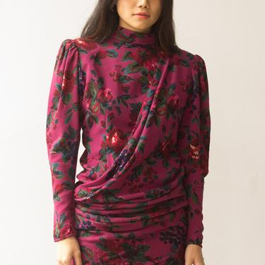 1980s Ungaro Parallel Paris Cherries and Roses Wool Crepe Dress 