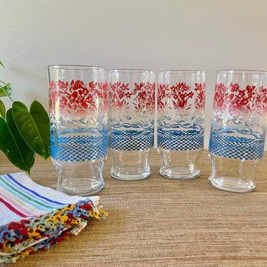 Vintage Glassware - Hazel Atlas Tall Water/Ice Tea Glasses - Red Blue Checkerboard Design - Large Tall Glasses - Set of 4 