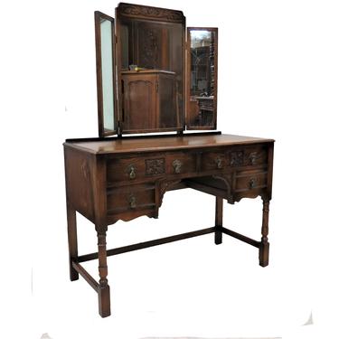 Vanity Makeup Dresser | Antique English Kneehole Dresser With Triple Mirrors 