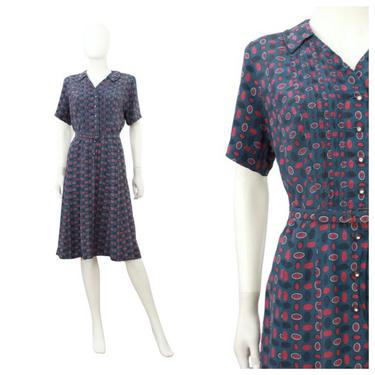 1940s Cold Rayon Pink &amp; Blue Day Dress - 1940s Mid Century Print Dress - 1940s Blue Rayon Dress - 1940s Pink Rayon Dress | Size Med / Large 