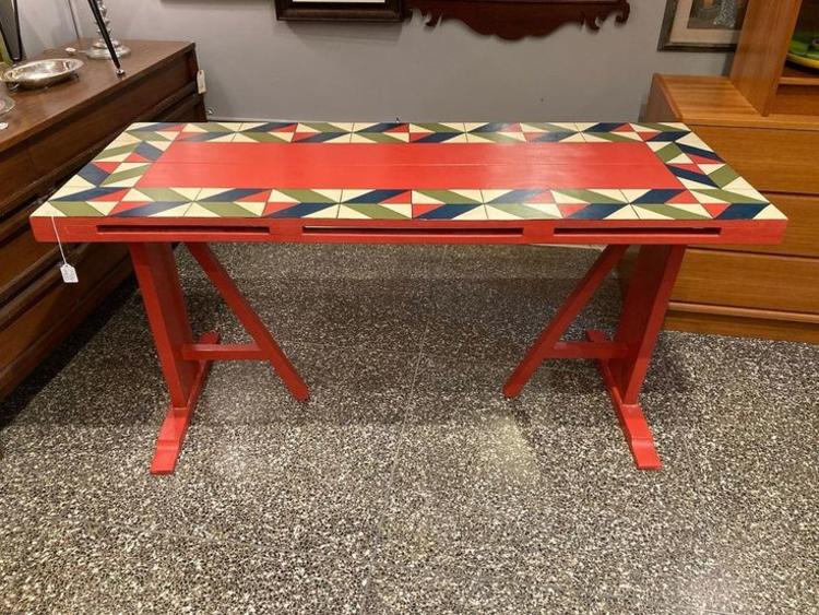 Funky painted modern trestle table. 60” x 24” x 29”