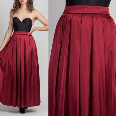 70s Burgundy Satin Pleated Maxi Skirt - Extra Small, 25&quot; | Vintage Boho High Waisted Hostess Skirt 