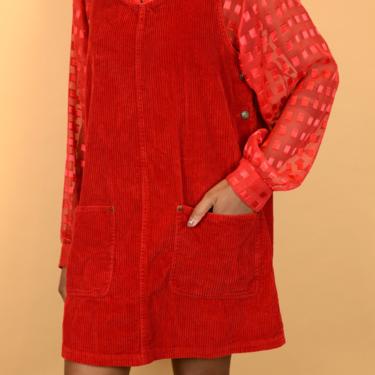 Vintage Red Corduroy Sleeveless Mini Jumper Shift Dress / Large 