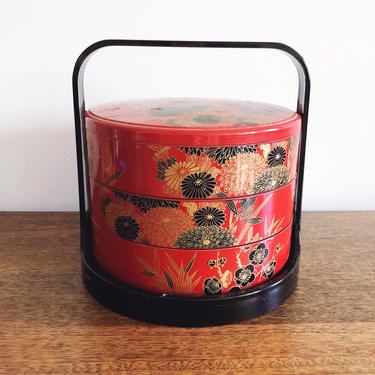Vintage 3-Tier Red Lacquer Japanese Bento Lunch Box with Handle