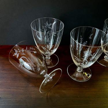 4 Vintage Etched or Cut Glass Iced Tea, Wine, Drinking Glasses or Goblets - Footed or Pedestal, Thin lip, Hand Cut, Grass and Berry pattern 