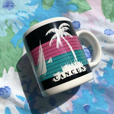 Vintage 80s Cancun Ceramic Mug, Miami Vice Inspired Beachy Tropical Vibes, Palm Trees and Sailboats with Pastel Pink and Blue Stripes 