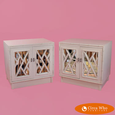 Pair of Mirrored Fretwork Faux Bamboo Nightstands by Omega