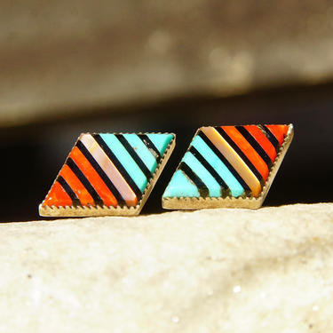 Vintage Inlaid Gemstone Silver Stud Earrings, Turquoise Coral Onyx &amp; Mother of Pearl In Diamond Shaped Setting, Striped Pattern, 22mm x 13mm 