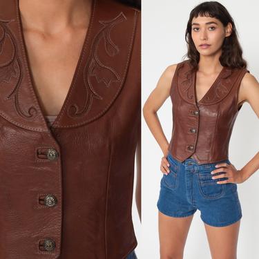 Tooled Leather Vest 80s Western Leather Vest Floral Brown Boho Cowgirl Southwestern 1980s Bohemian Vintage Extra Small xs 