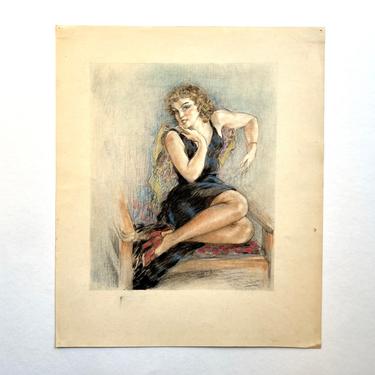 Original Edouard Chimot Drawing, Woman Seated on Chair, 1920s France Art Deco 