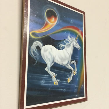 Vintage 1980s Unicorn Art Rainbow Moon Picture 