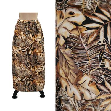 80s Leaf Print Maxi Skirt Large, Side Slit Long Skirt Size 14, Earth Tone Leaves, 1980s Clothes Women, Vintage Clothing from N Touch 