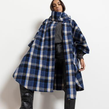 PLAID OVERSIZE CAPE poncho jacket vintage fall winter Scarf Shawl blue wool / Free Size 