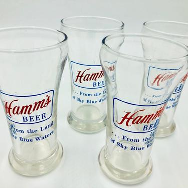 Vintage HAMM'S BEER Sham Glasses, Pint Glass, From the Land of Sky Blue Waters, Retro Bar, Barware, Collectible Square, Red, Blue 