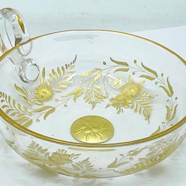 Stunning Rare Vintage 24 Kt Gold Overlay Floral Design Bowl with handle - 5&quot; X 6&quot; X 1.5&quot; 