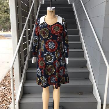 1970's Navy Floral Burst Collared Dress