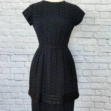 Vintage 1960s Black Lace Eyelet Cocktail Dress // Double Tiered A-Line Skirt 