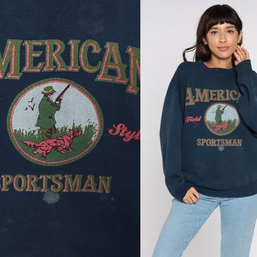 Hunting Sweatshirt 90s AMERICAN SPORTSMAN Shirt Blue Dog Sweatshirt Hunter Animal Pullover Shirt Graphic Print 1990s Vintage Large L 