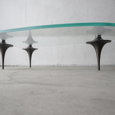 Freeform 3 Legged Bronze and Glass Coffee Table 