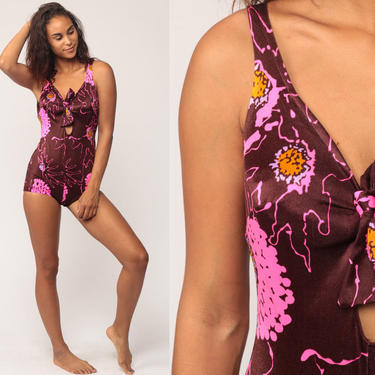 Hippie Swimsuit 70s One Piece Floral Bathing Suit KEYHOLE Cut Out Hippie Boho Swim Vintage Psychedelic Onepiece Pin Up Hot Pink Small Medium 