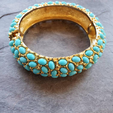Vintage Kenneth Jay Lane Hinged Gold Bracelet Blue Stones